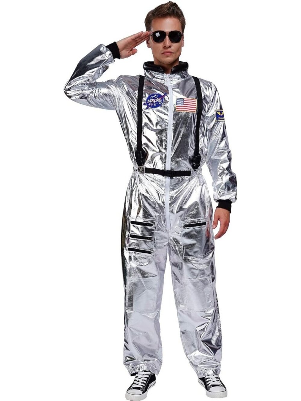 Unisex Silver Astronaut Costume Metallic Space Zipper Jumpsuit Men's MEDIUM